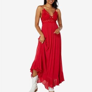 Free People One Red Adella Lace Smocked Back Ruffle Hem Maxi Slip Dress
